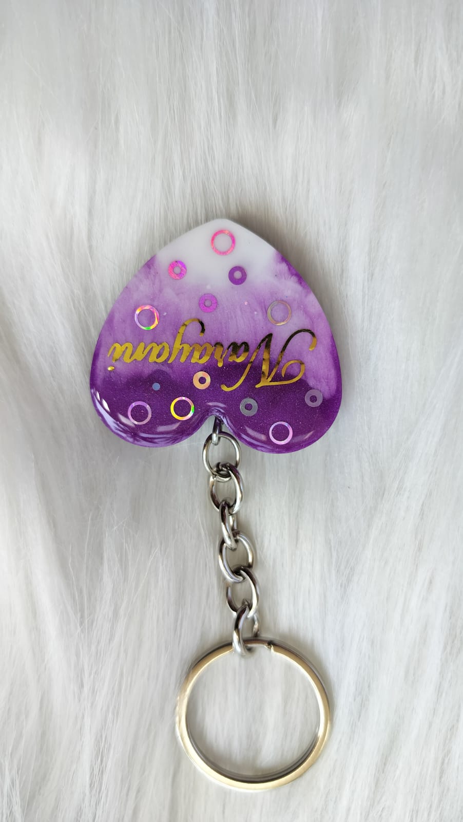 Heart double side - photo and  text key chain- Purple