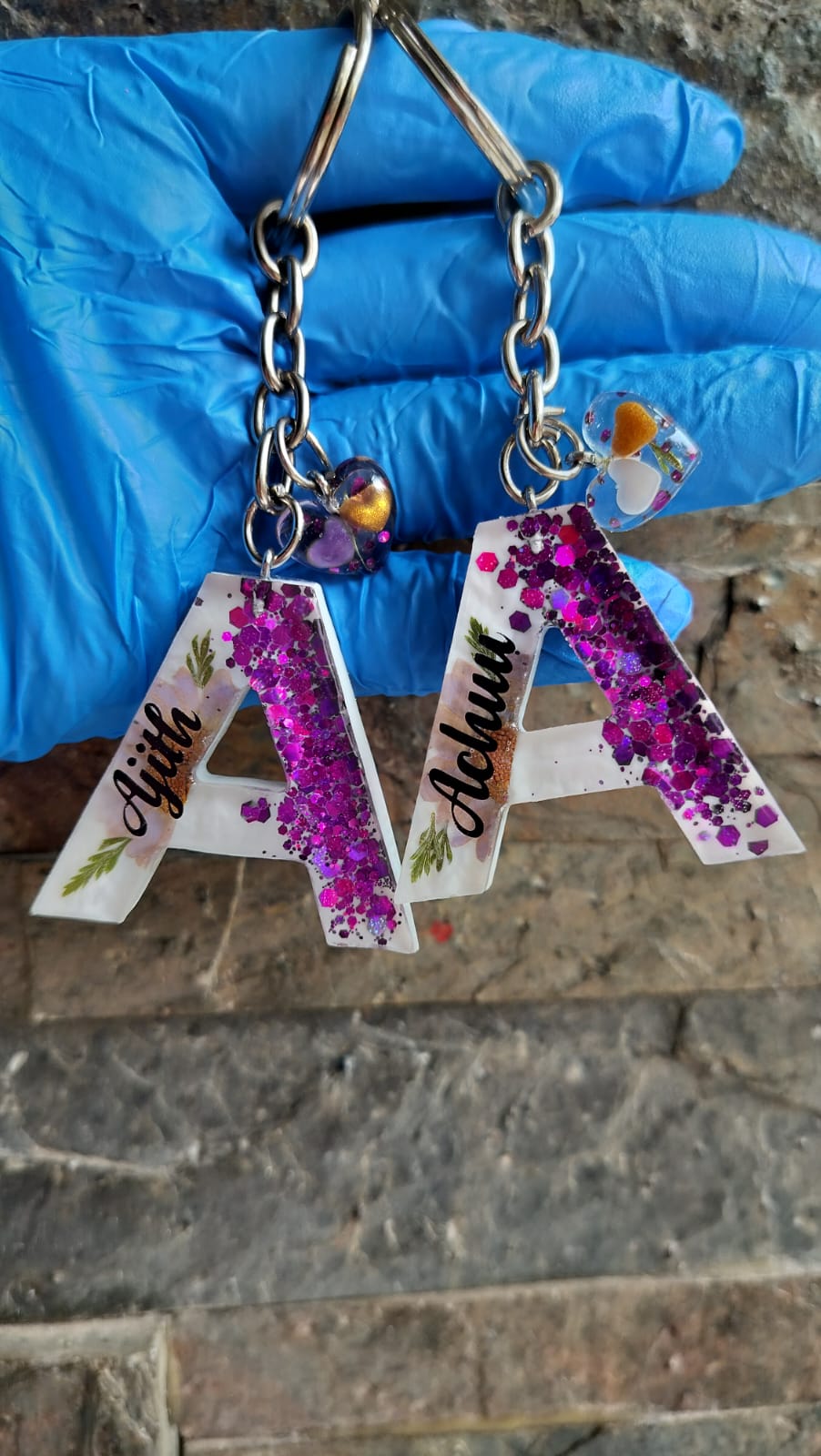 'A' Letter flower and glitter Keychain