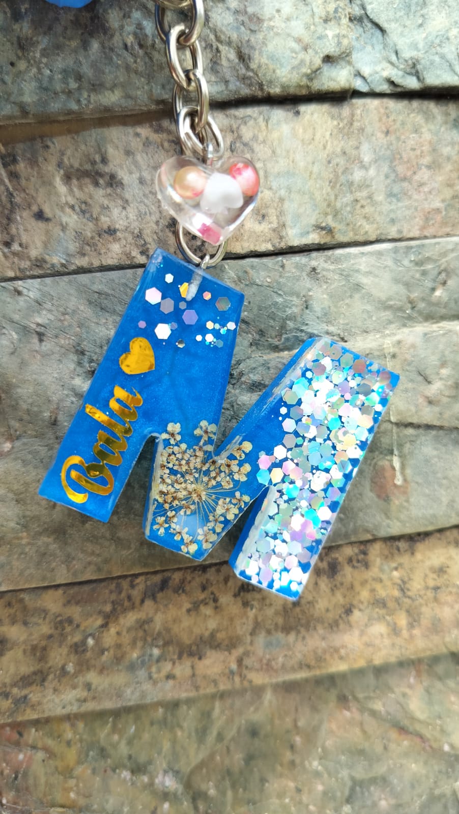 'M' Letter flower and glitter Keychain