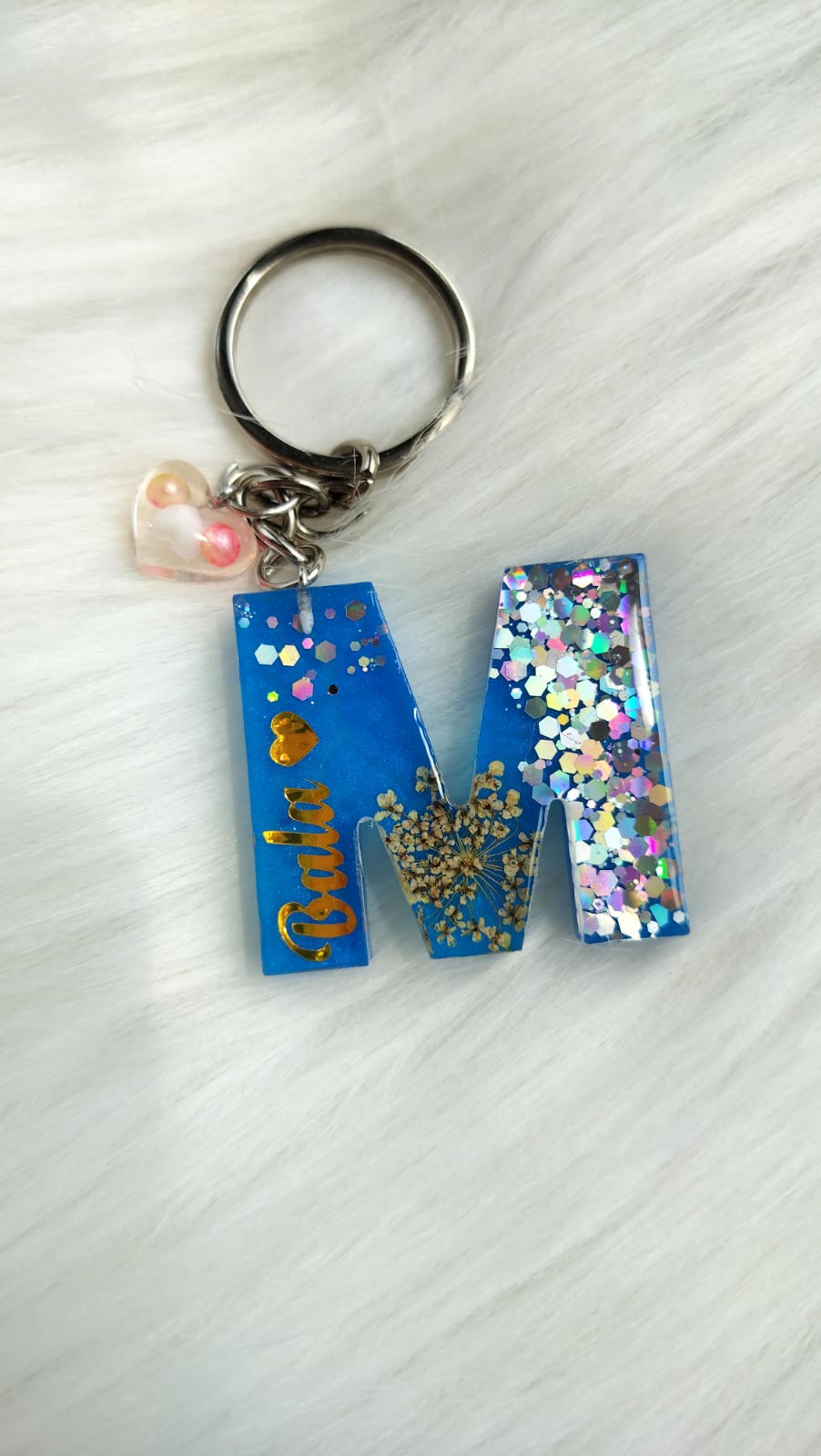 'M' Letter flower and glitter Keychain