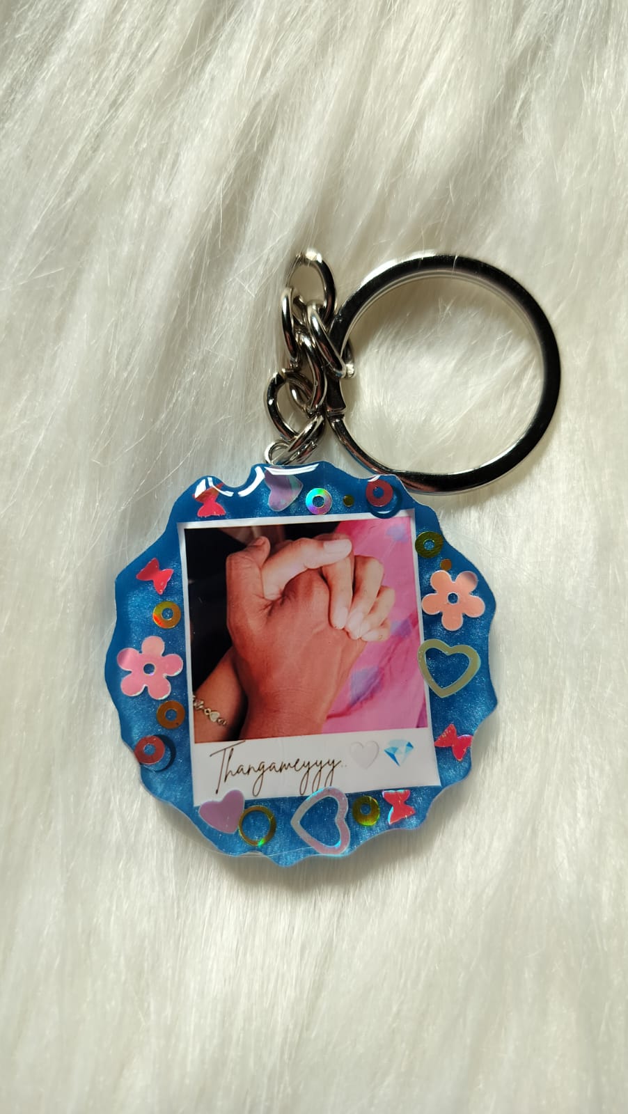 Single side photo keychain - Pair hand -Blue
