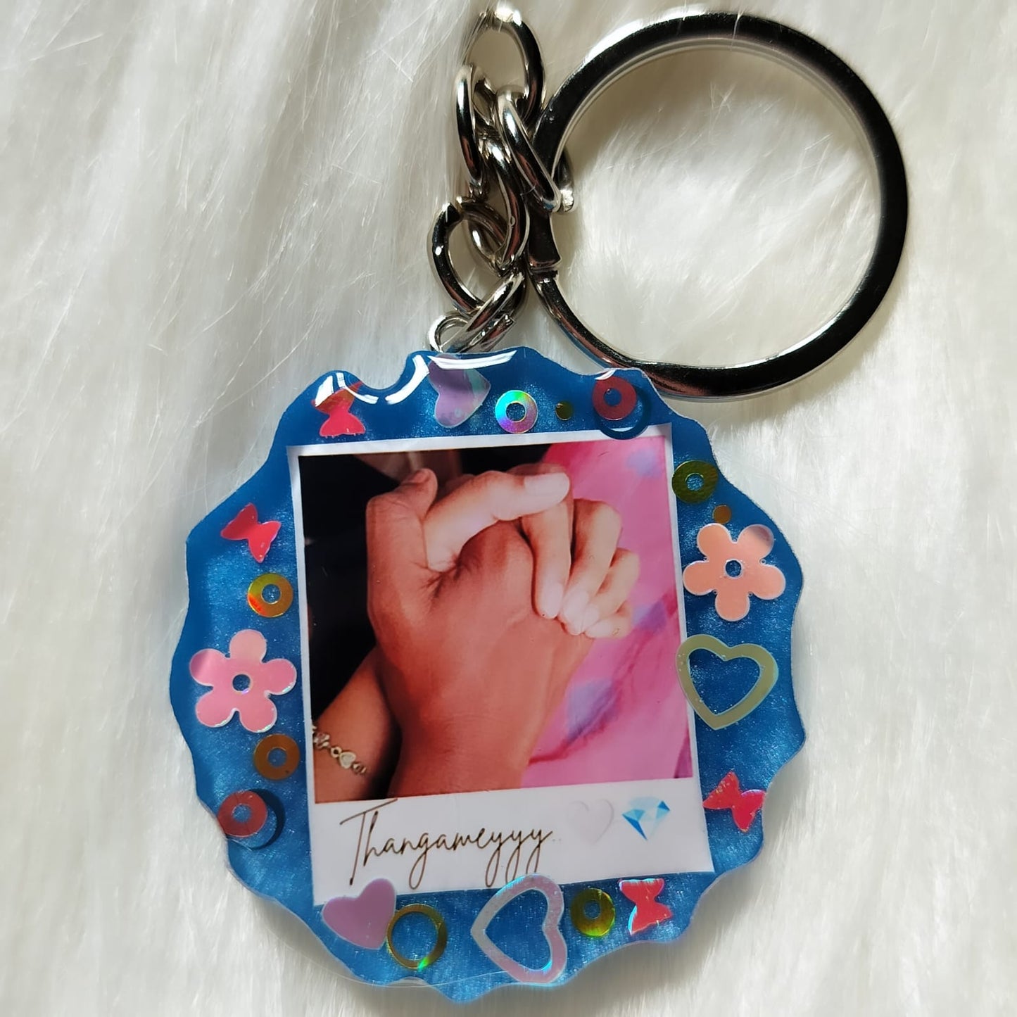 Single side photo keychain - Pair hand -Blue