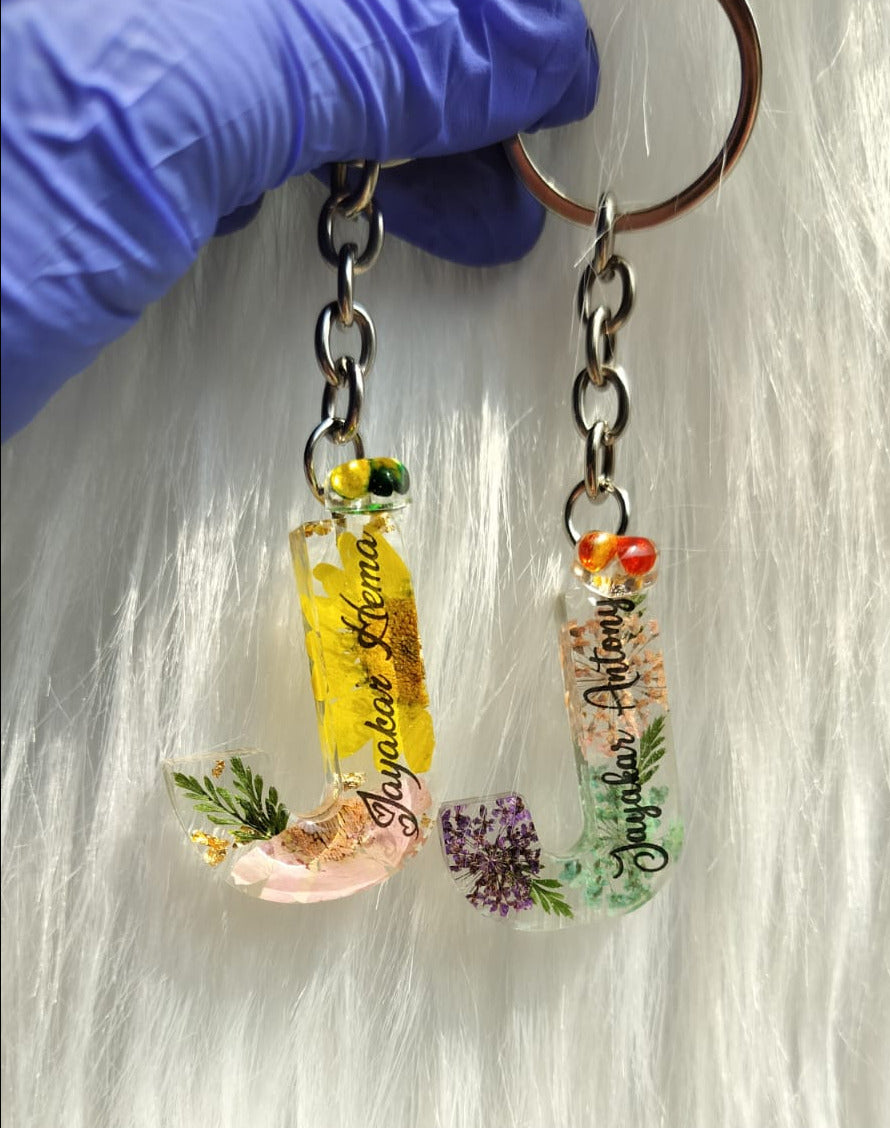 'J' Letter Flower Keychain - With text