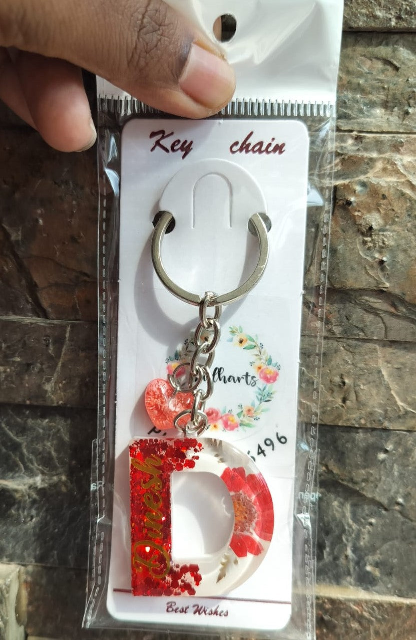 'D' Letter flower Keychain with name