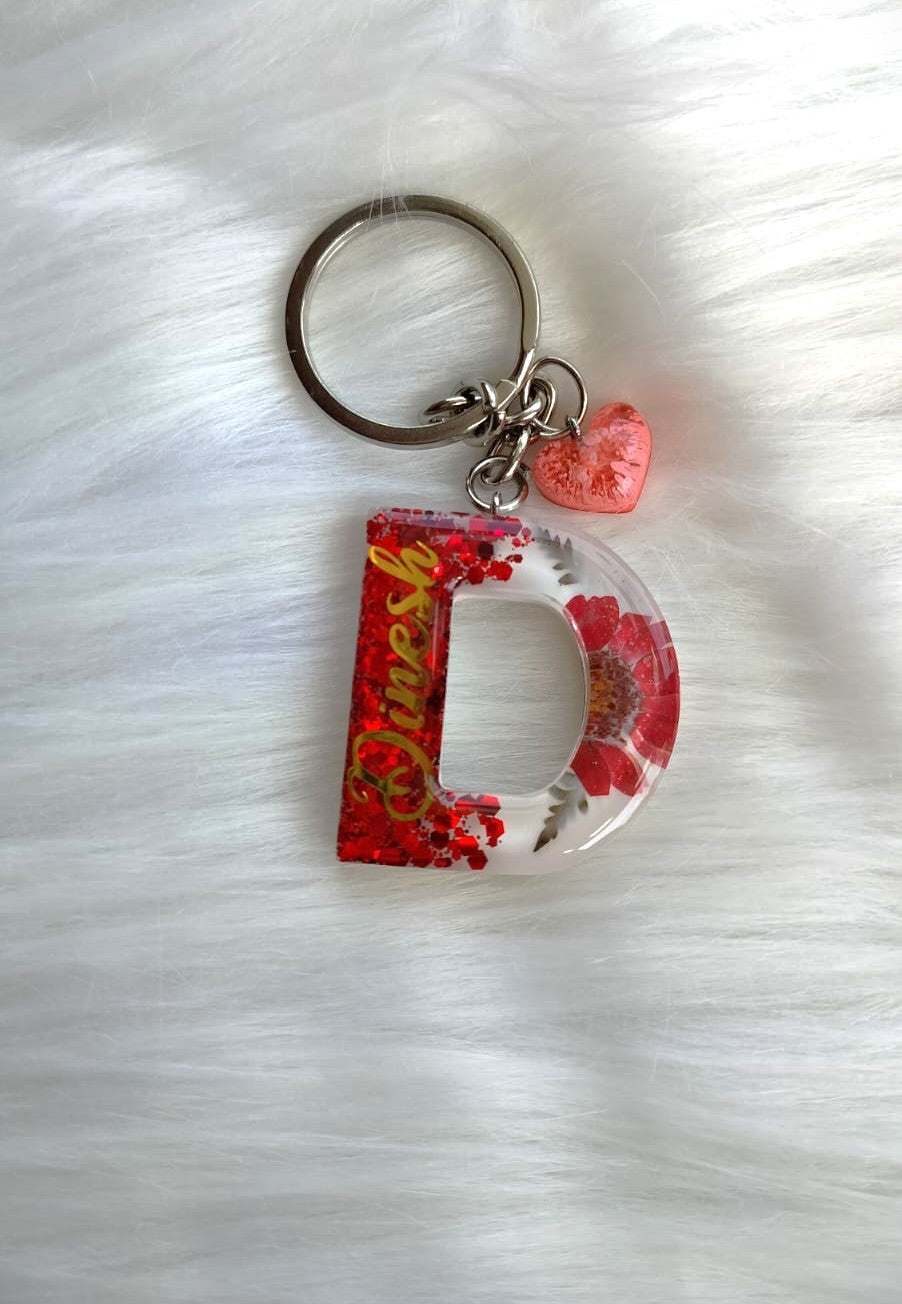 'D' Letter flower Keychain with name