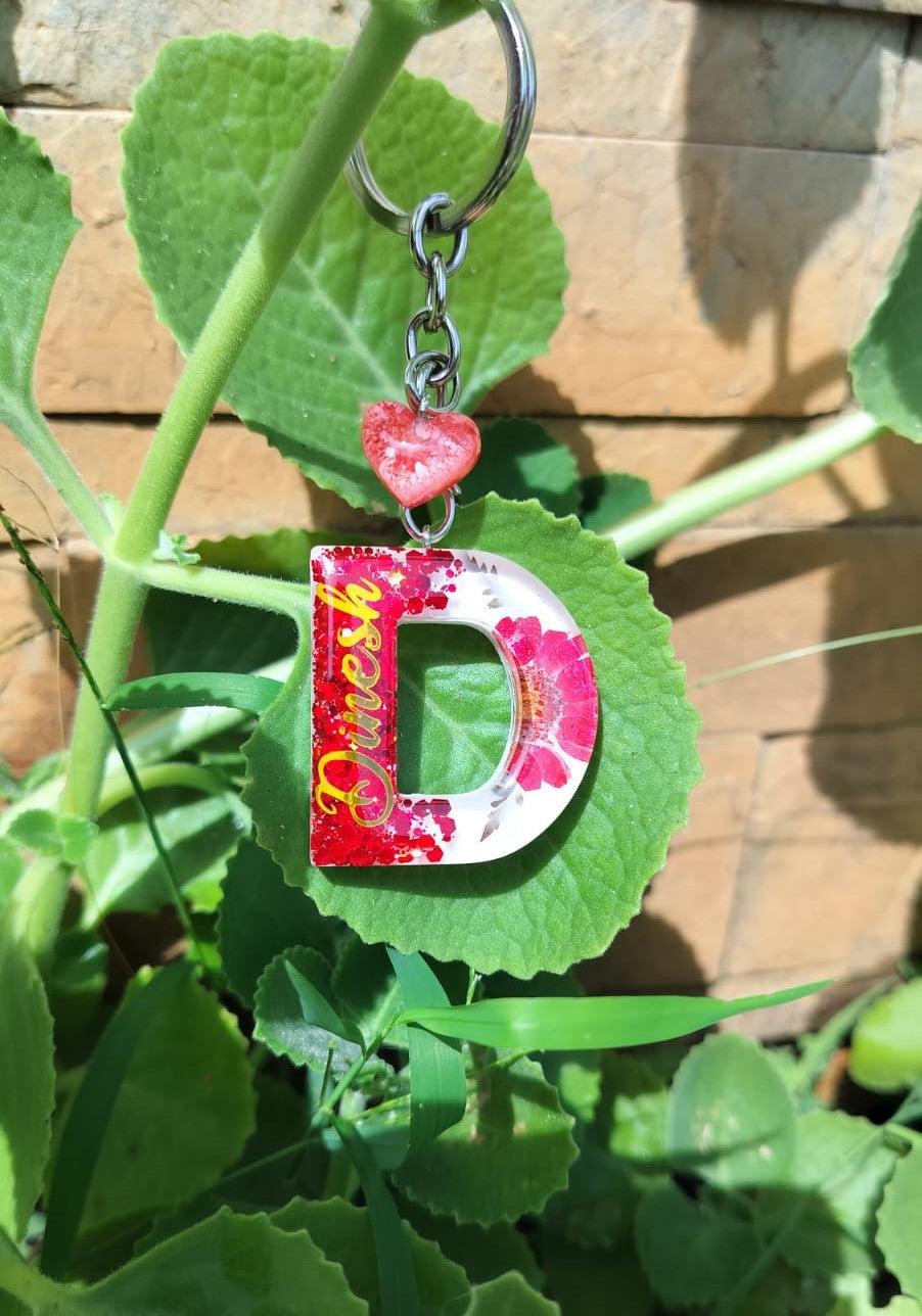 'D' Letter flower Keychain with name